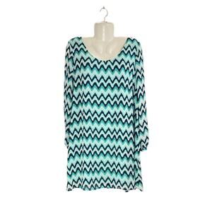 Tacera Women's Teal/Navy/White Chevron Pattern Chiffon Tunic Dress Lined SZ XL